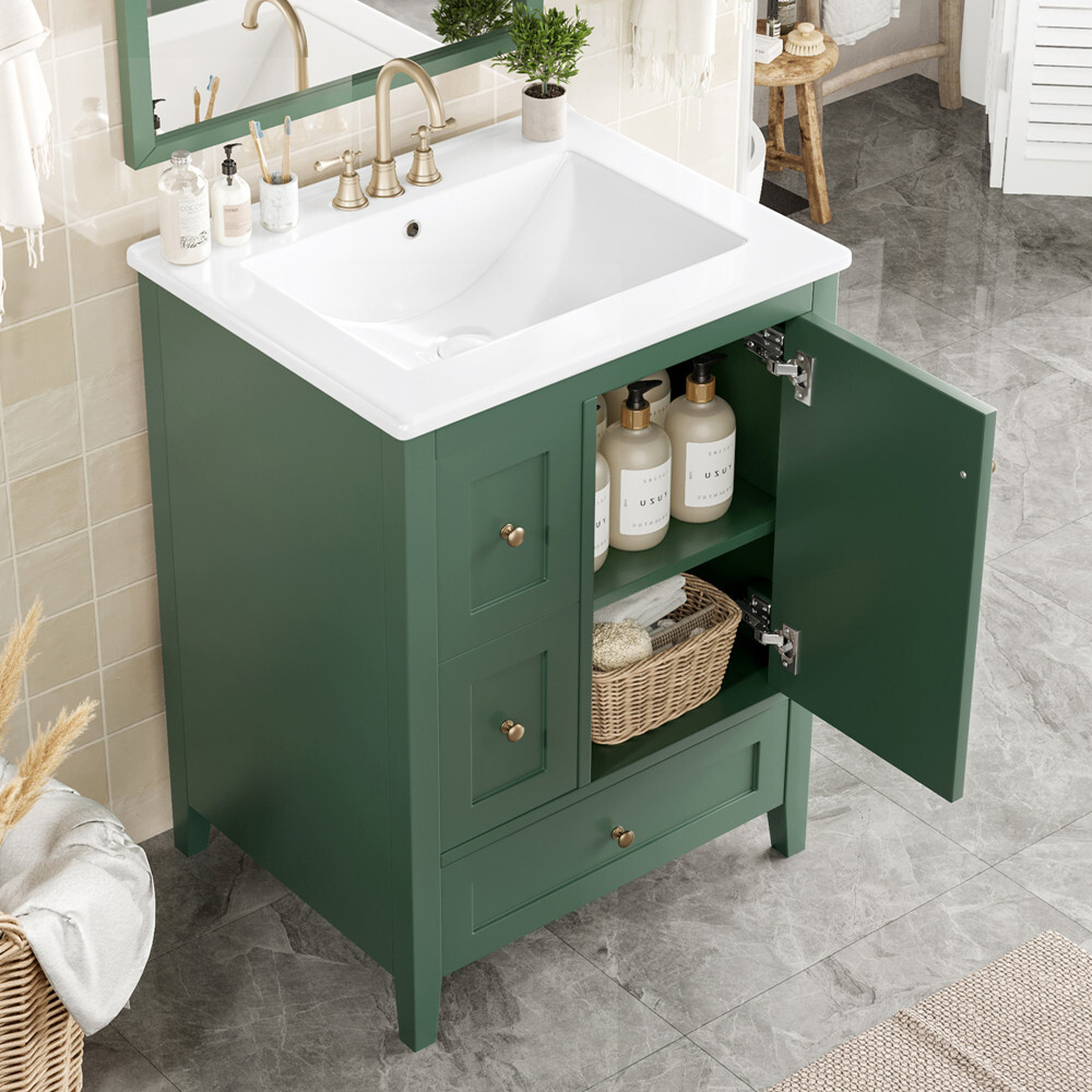 24″ Bathroom Vanity w/Ceramic Sink, Freestanding Vanity Cabinet, 3 Drawers, Door