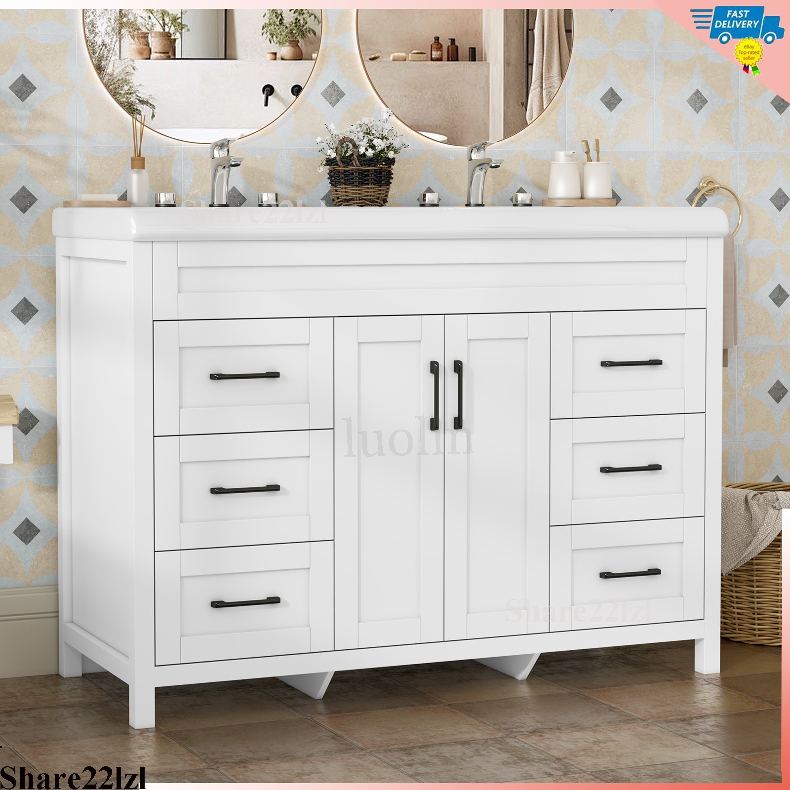 47″ Bathroom Vanity Cabinet White Freestanding Drawers with Double Sink Ceramic