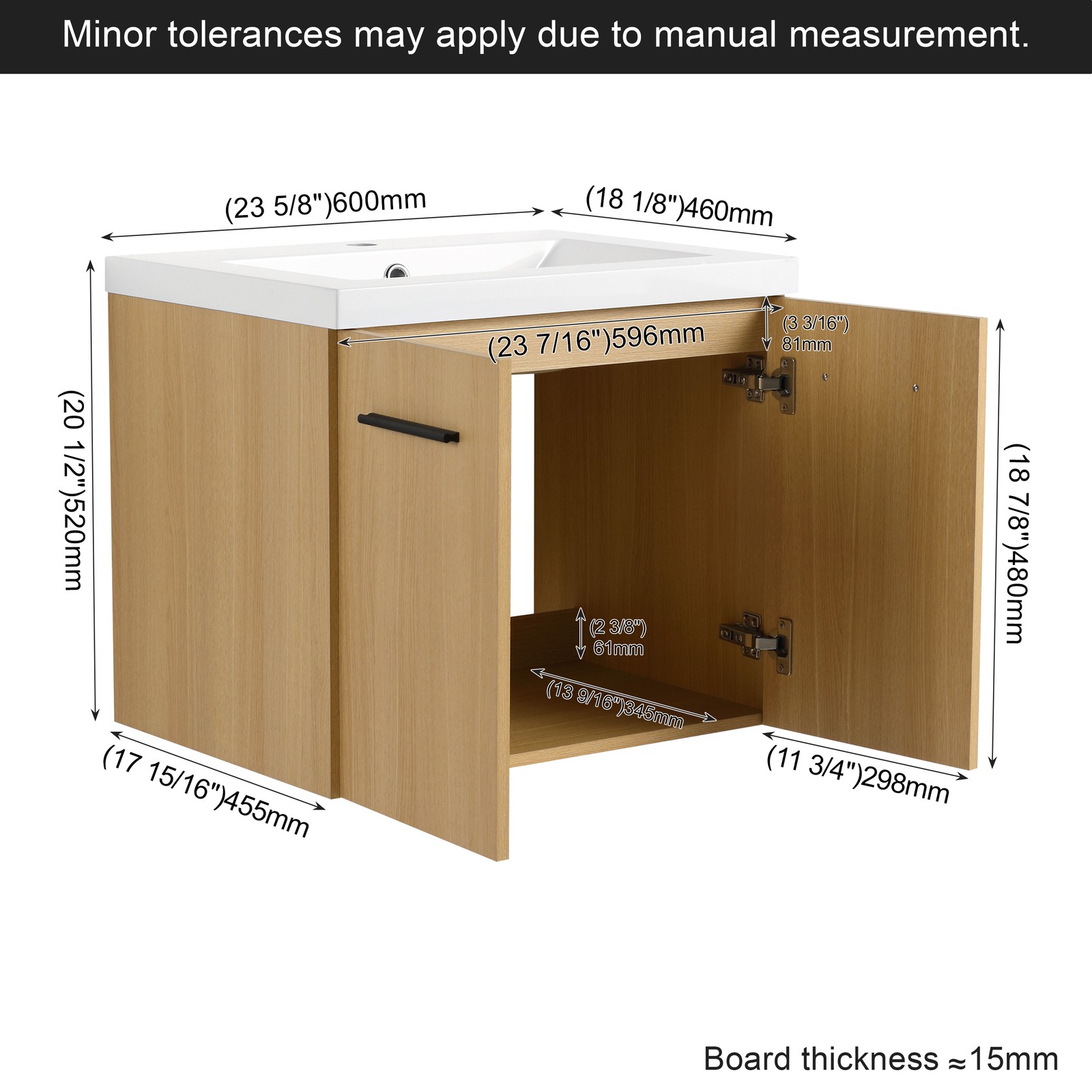 24″ Floating Bathroom Vanity with Sink, Light Oak Cabinet, Wall Mounted