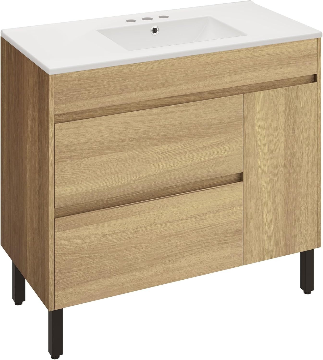 36 Inch Bathroom Vanity with Ceramic Sink, 1 Cabinet & 2 Drawers, Natural Brown