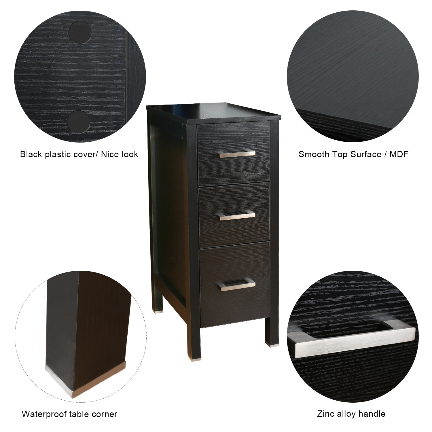 12″ Small Bathroom Vanity Black Beside Cabinet 3 Drawers Shelf MDF Wood