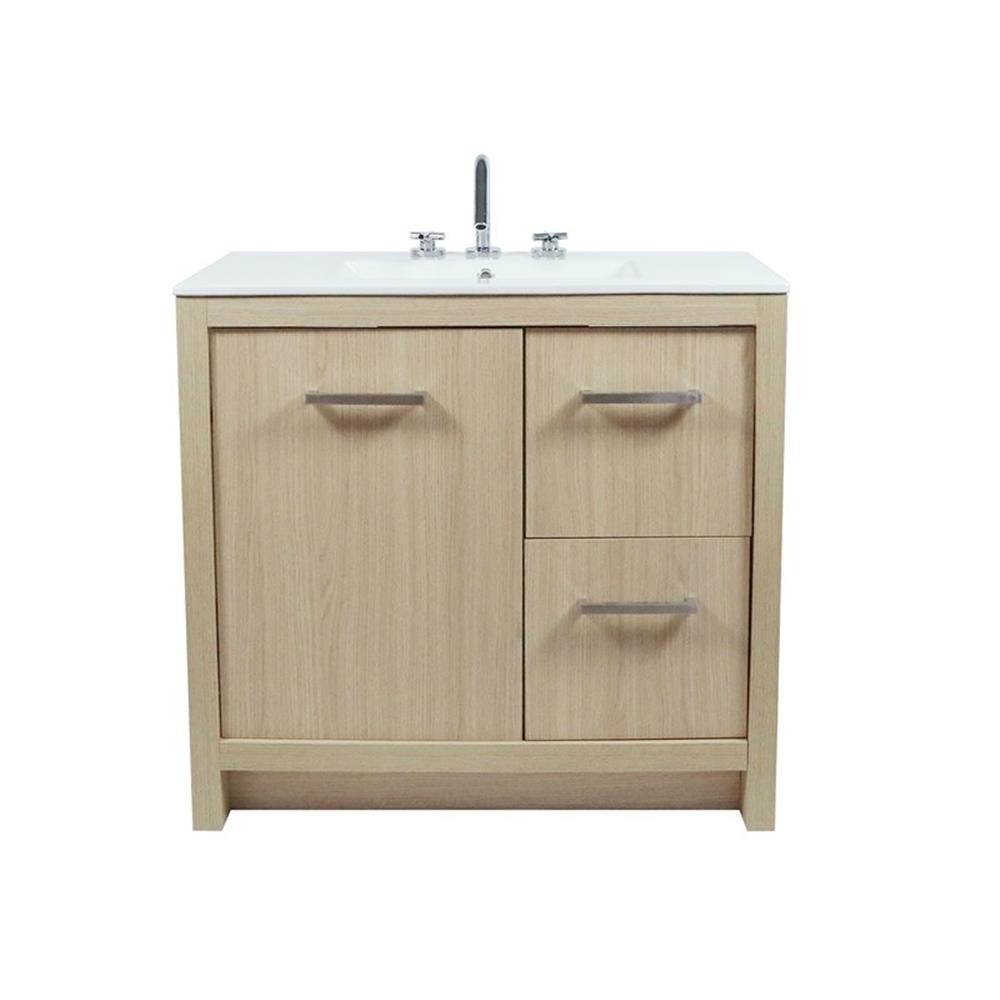 36″ Single Sink Vanity In Neutral Finish with White Ceramic Top
