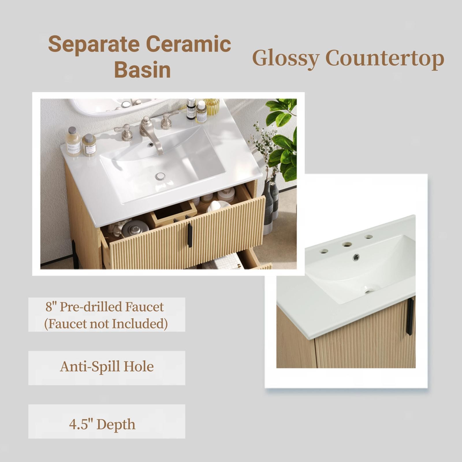 Bathroom Vanity Cabinet Ceramic Sink Drawers Fluted Details Soft Close Furniture