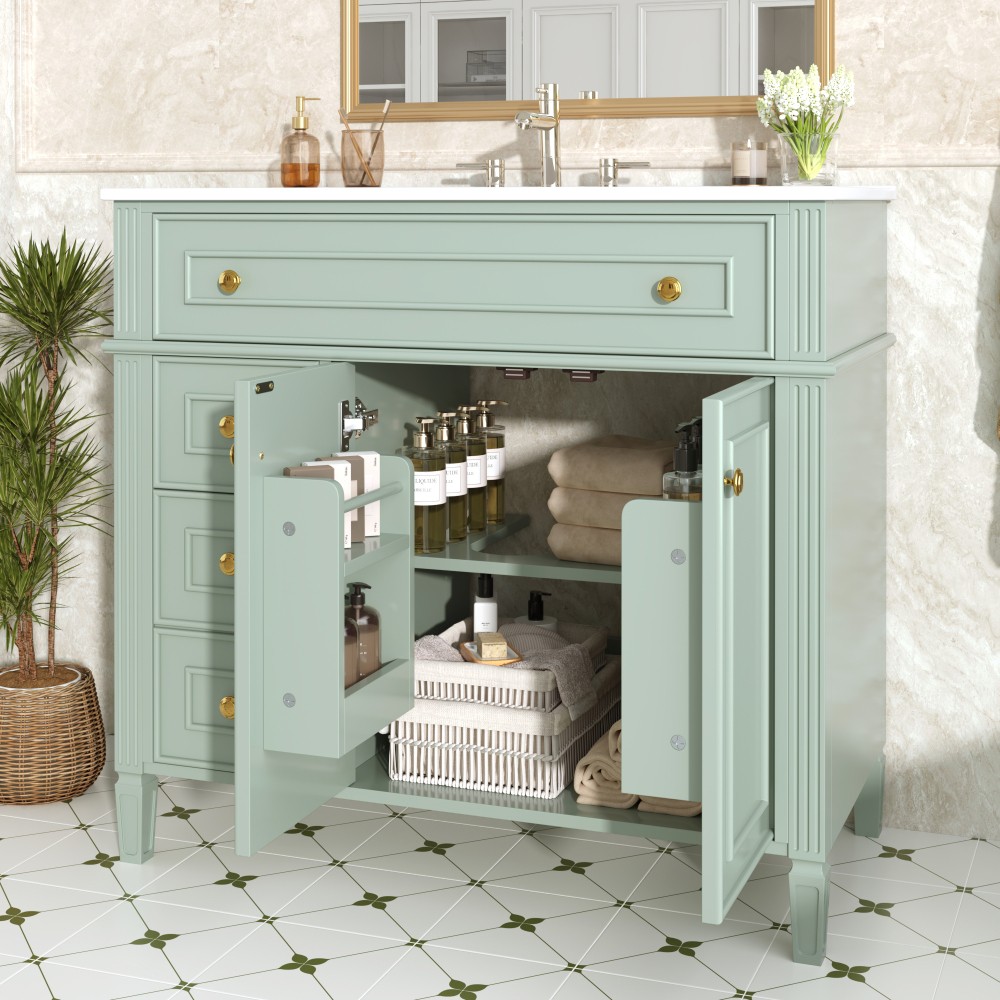 36 Inch Bathroom Vanity with Sink, Green Solid Wood Cabinet with Flip-Out Drawer