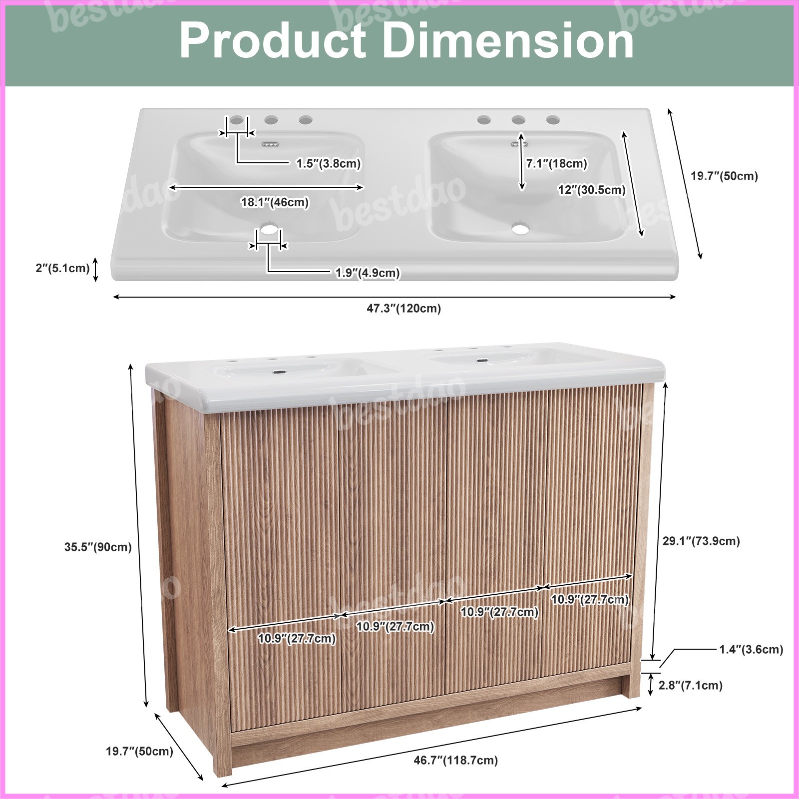 47″ Double Sink Bathroom Vanity Wood Grain Modern 2 Basin Storage Cabinet