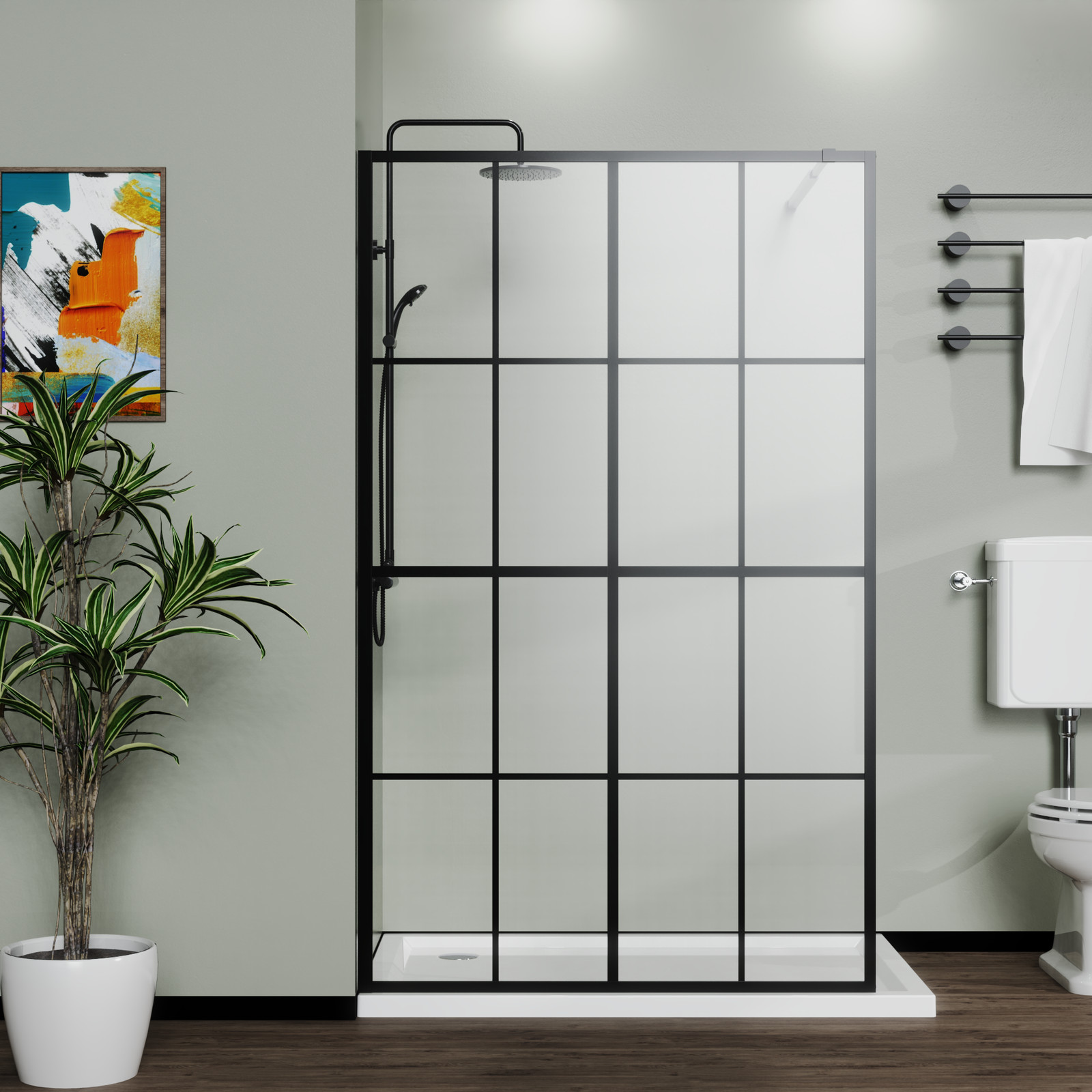 46×72 Black Frameless Shower Screen Panel for Walk-in Wetroom, Tempered Glass
