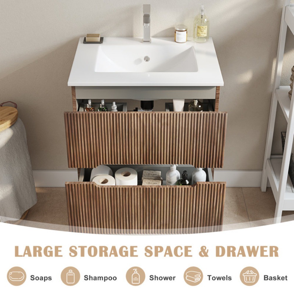 24″ Wall Mounted Single Bathroom Vanity with Ceramic Sink & Faucet, White/Oak