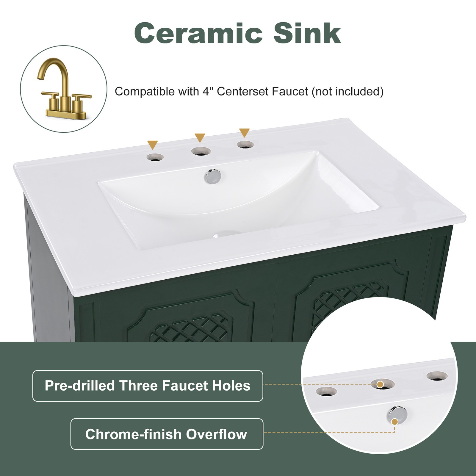 30″ Bathroom Vanity with Ceramic Sink, Green, Soft-Close Door & Drawer