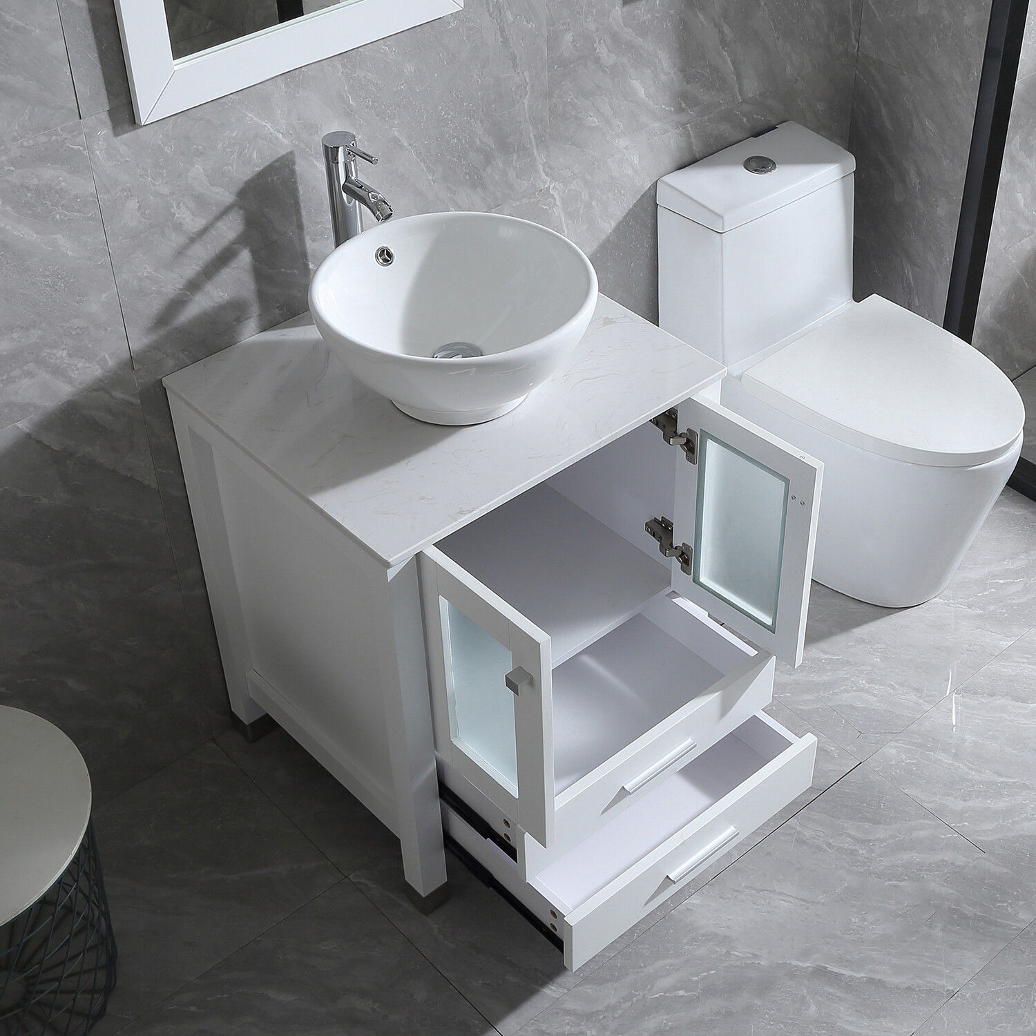 24″ Bathroom Vanity Single Basin Ceramic Sink Set with Faucet Mirror Combo white