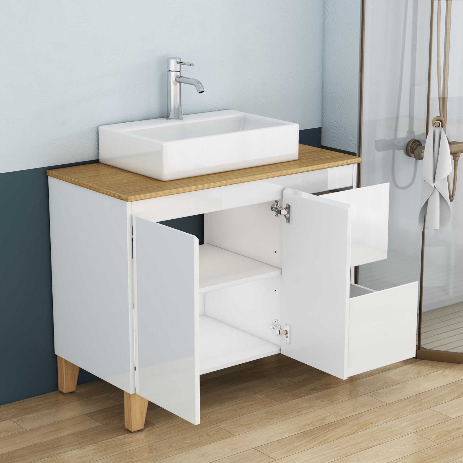 36 Inch Bathroom Vanity with Sink Combo, Glossy White, Solid Wood Top