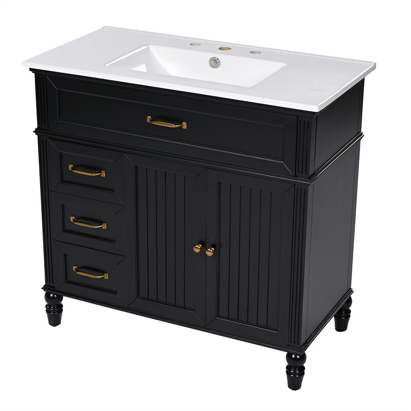 36″ Bathroom Vanity Set with Sink, Black Bathroom Cabinet w/3 Drawers & 2 Doors