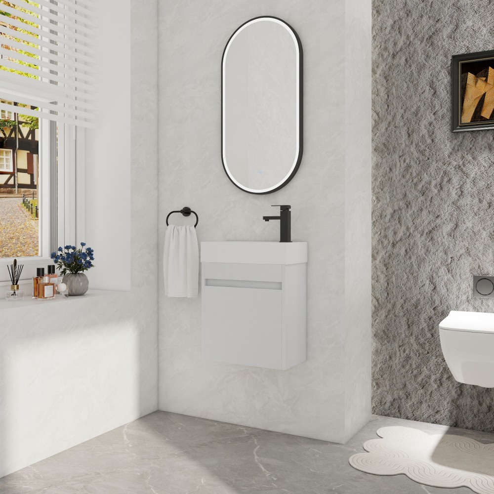 Modern Floating Vanity with Soft-Close Door & White Sink, Eco Plywood (18.11″)