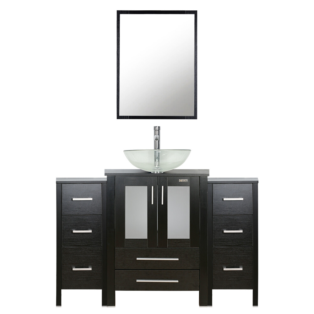 48″ Bathroom Vanity Set Glass Vessel Sink W/ Small Cabinet Faucet Combo Black