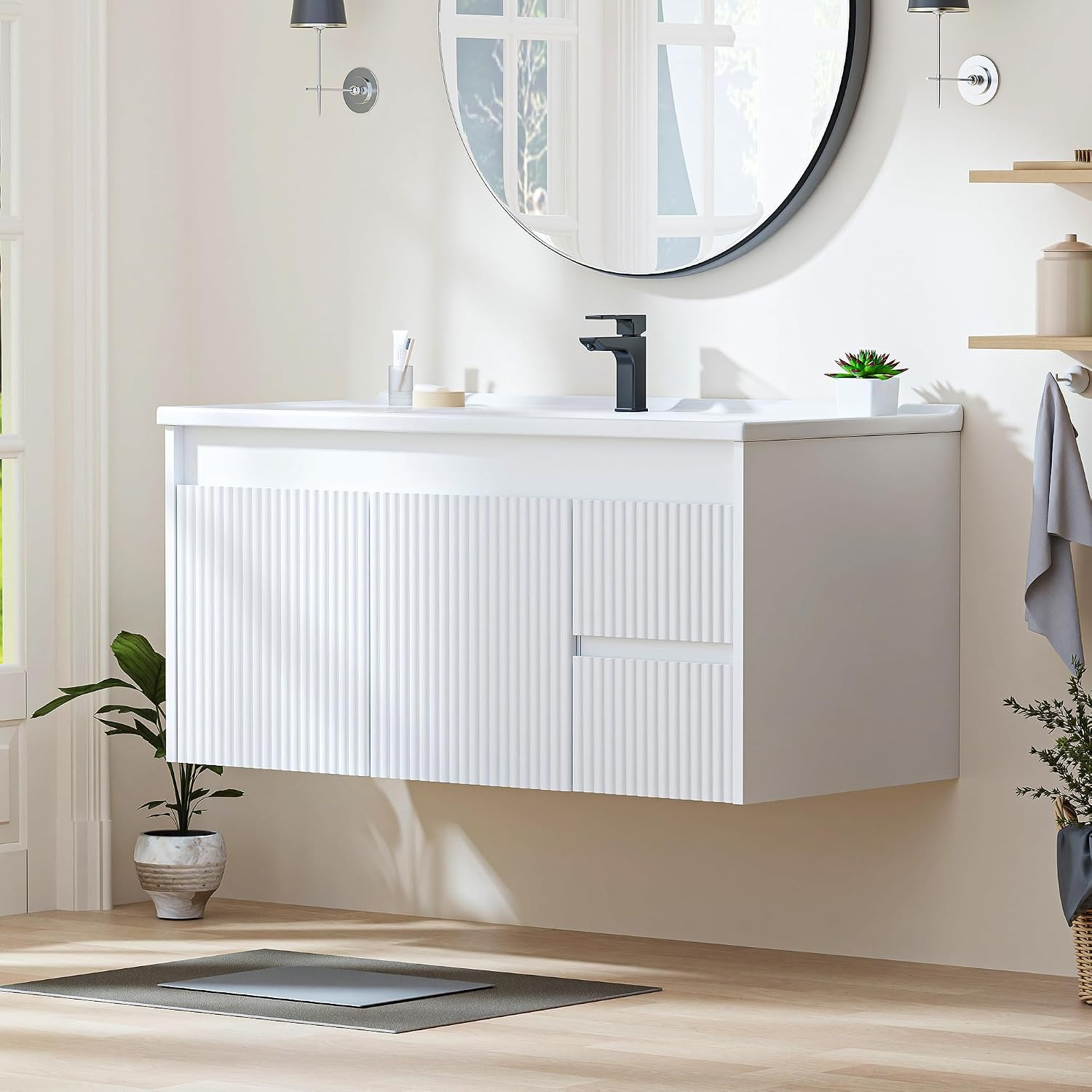 Bathroom Vanity with Ceramic Sink, Bathroom Vanity Cabinet with 2 Doors, 24 Inch