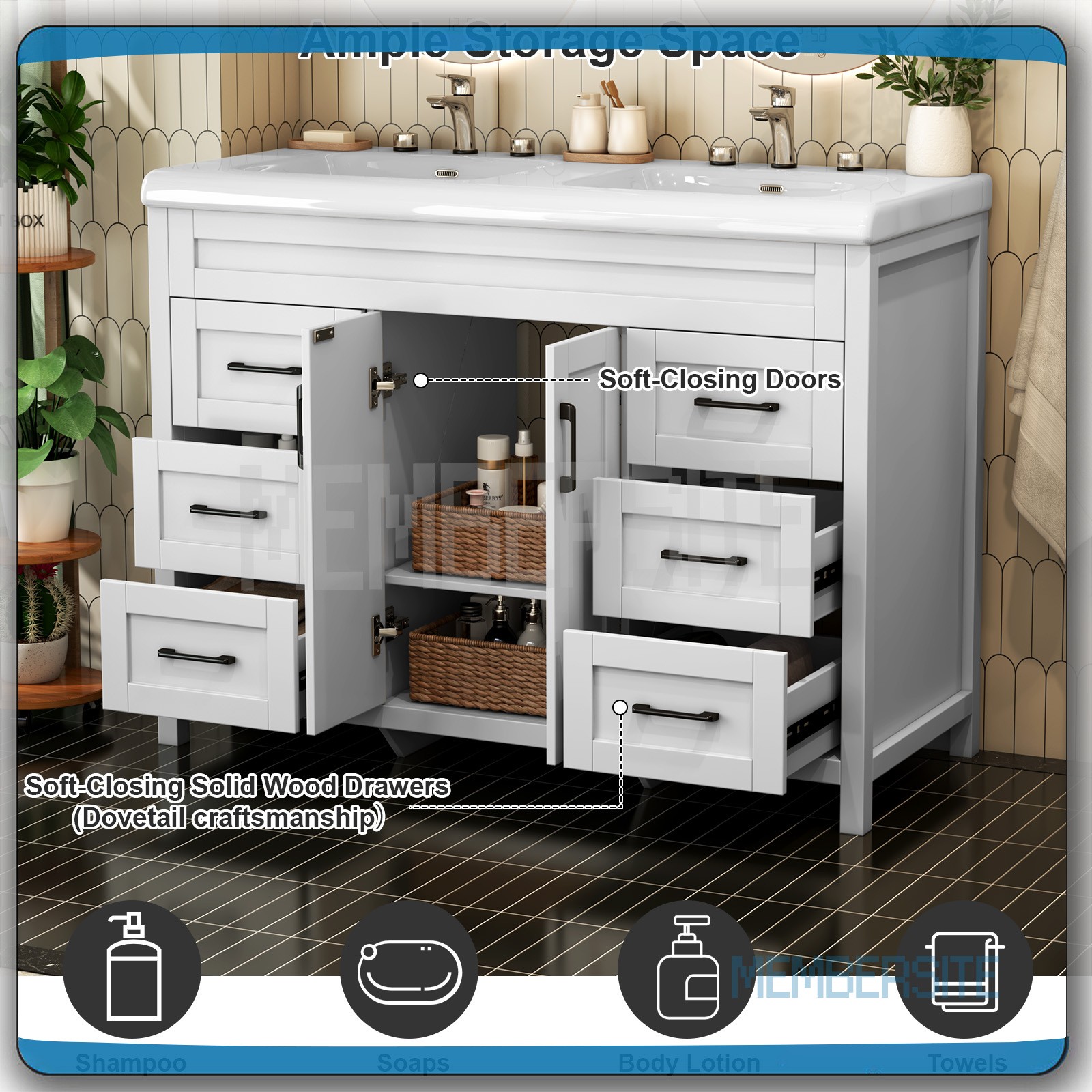 47.3″ Bathroom Vanity Cabinet with Double Sink Ceramic Basin Vanity Freestanding