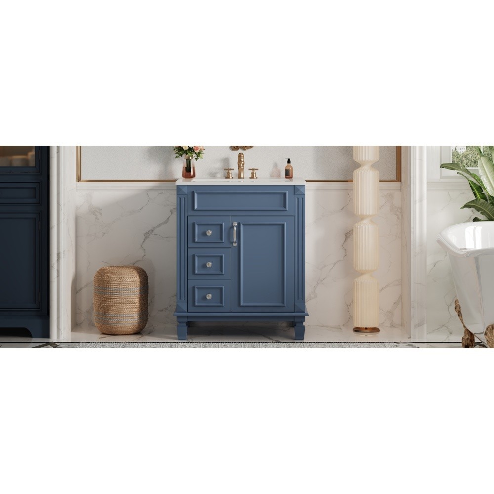 24 Inch Modern Blue Bathroom Vanity with Ceramic Sink Solid Wood MDF Cabinet