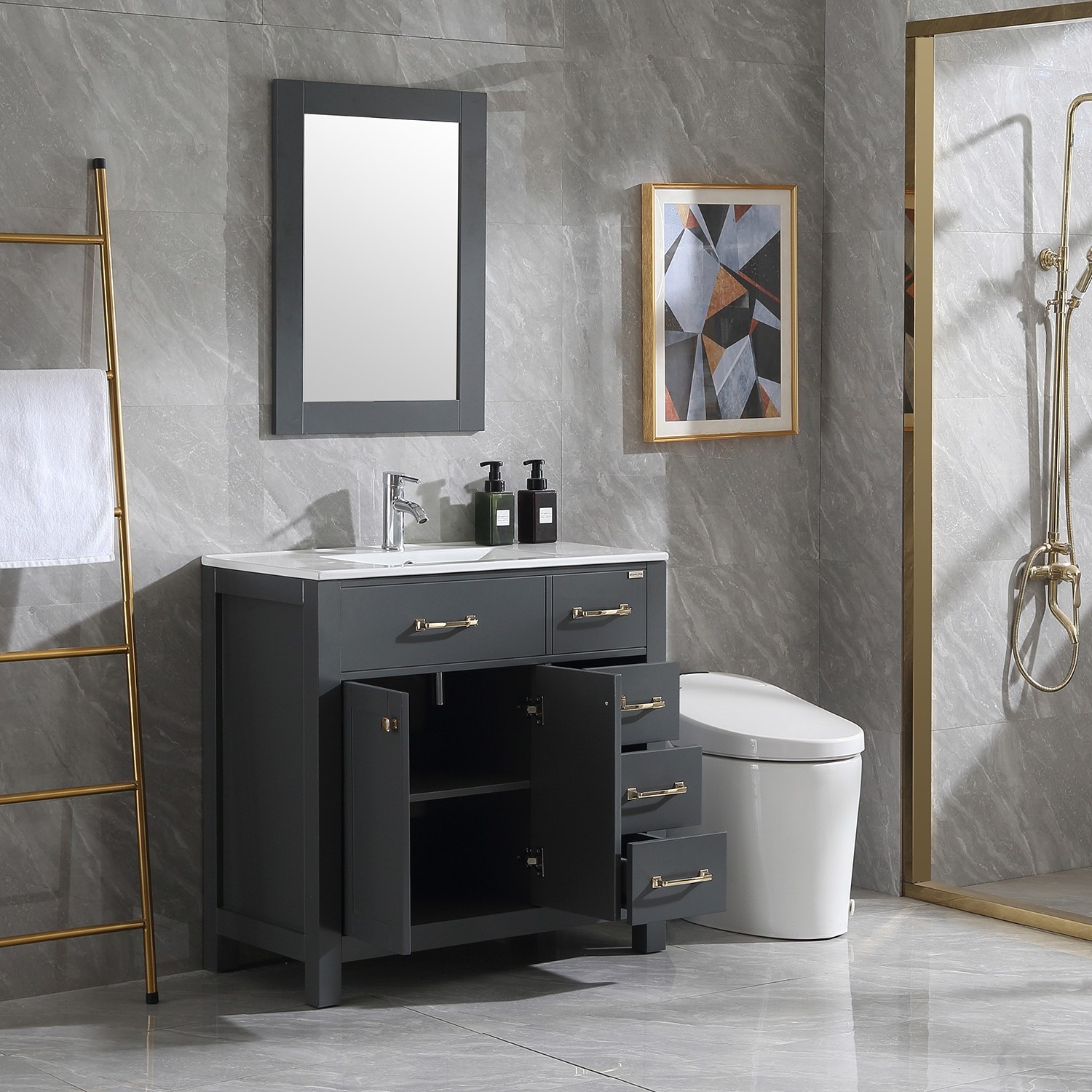 36 Inch Bathroom Vanity w/Mirror, Gray Painting Cabinet Base No Sink Included
