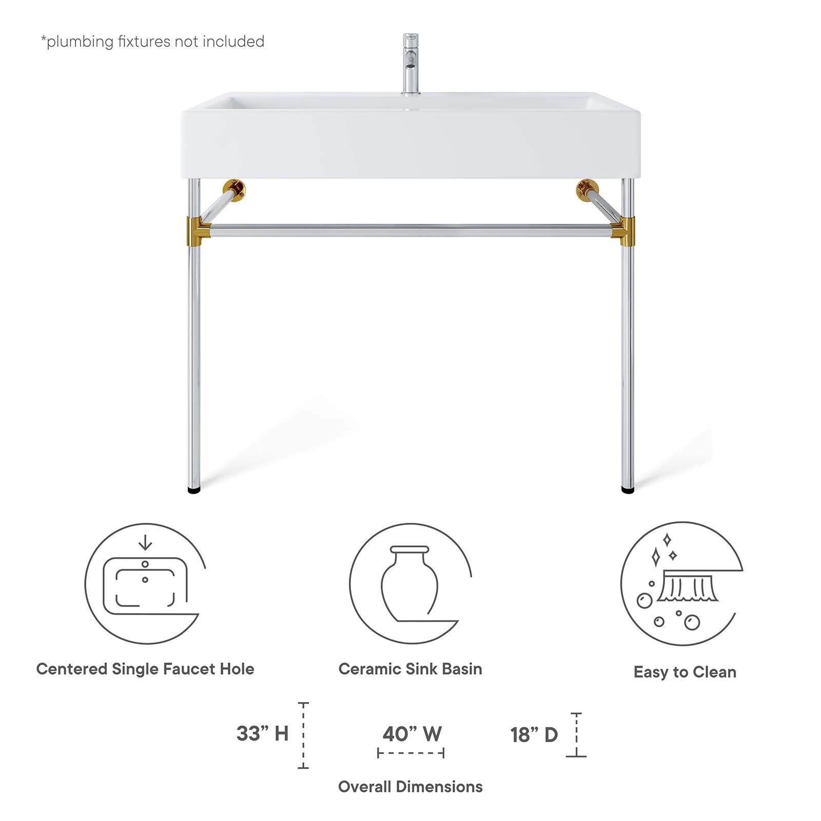 Modway Redeem 40″ Wall-Mount Silver Stainless Steel Bathroom Vanity