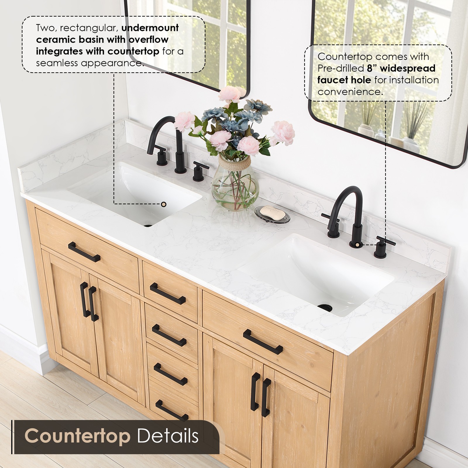 Gavino 60″ Wood Vanity in Light Brown with Composite Stone Top no Mirror