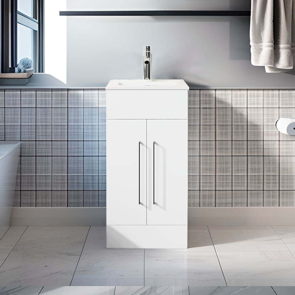 White Freestanding Bathroom Vanity 16″ Single Sink Cabinet 2 Door Storage