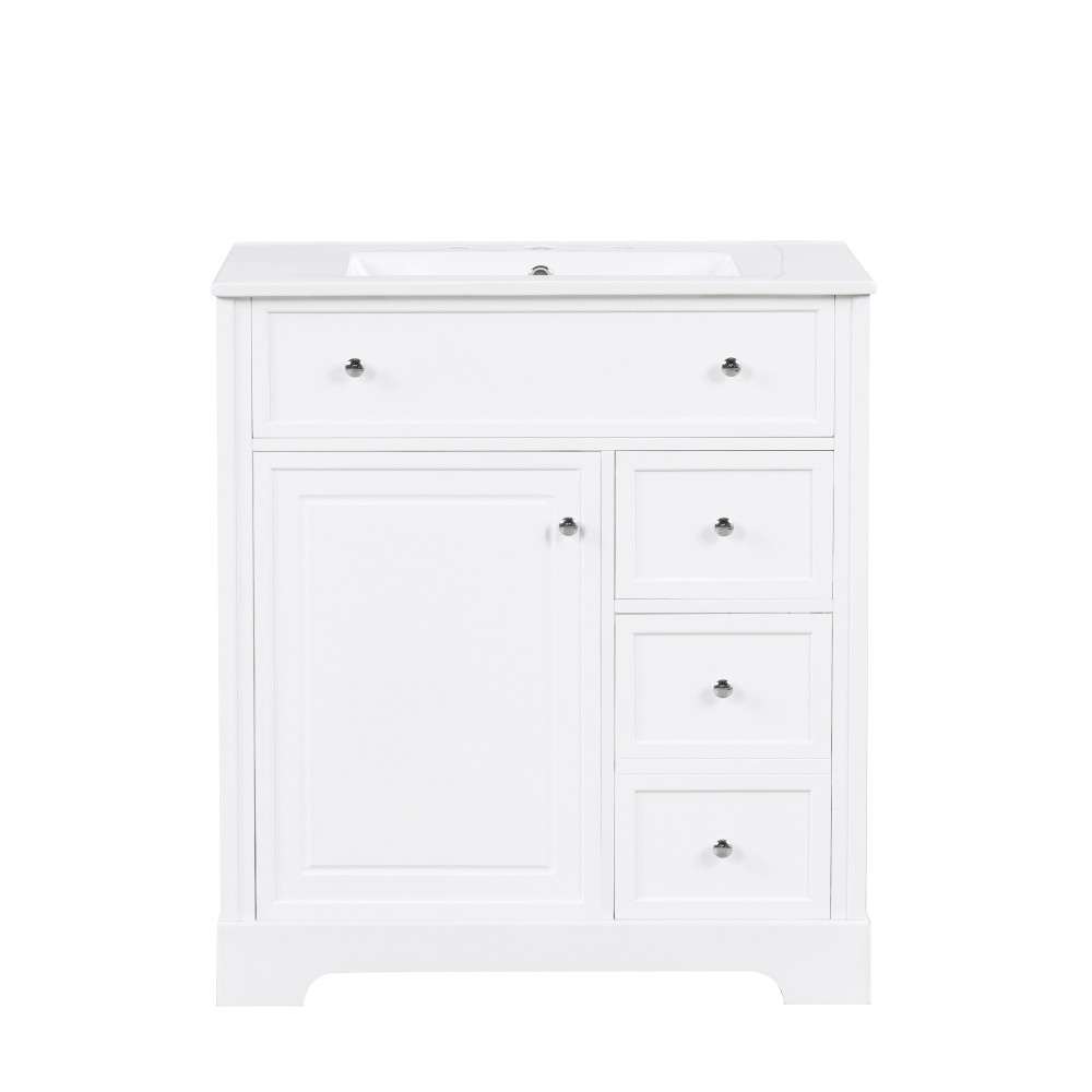 30 Inch White Bathroom Vanity with Ceramic Sink Top Solid Wood MDF Cabinet