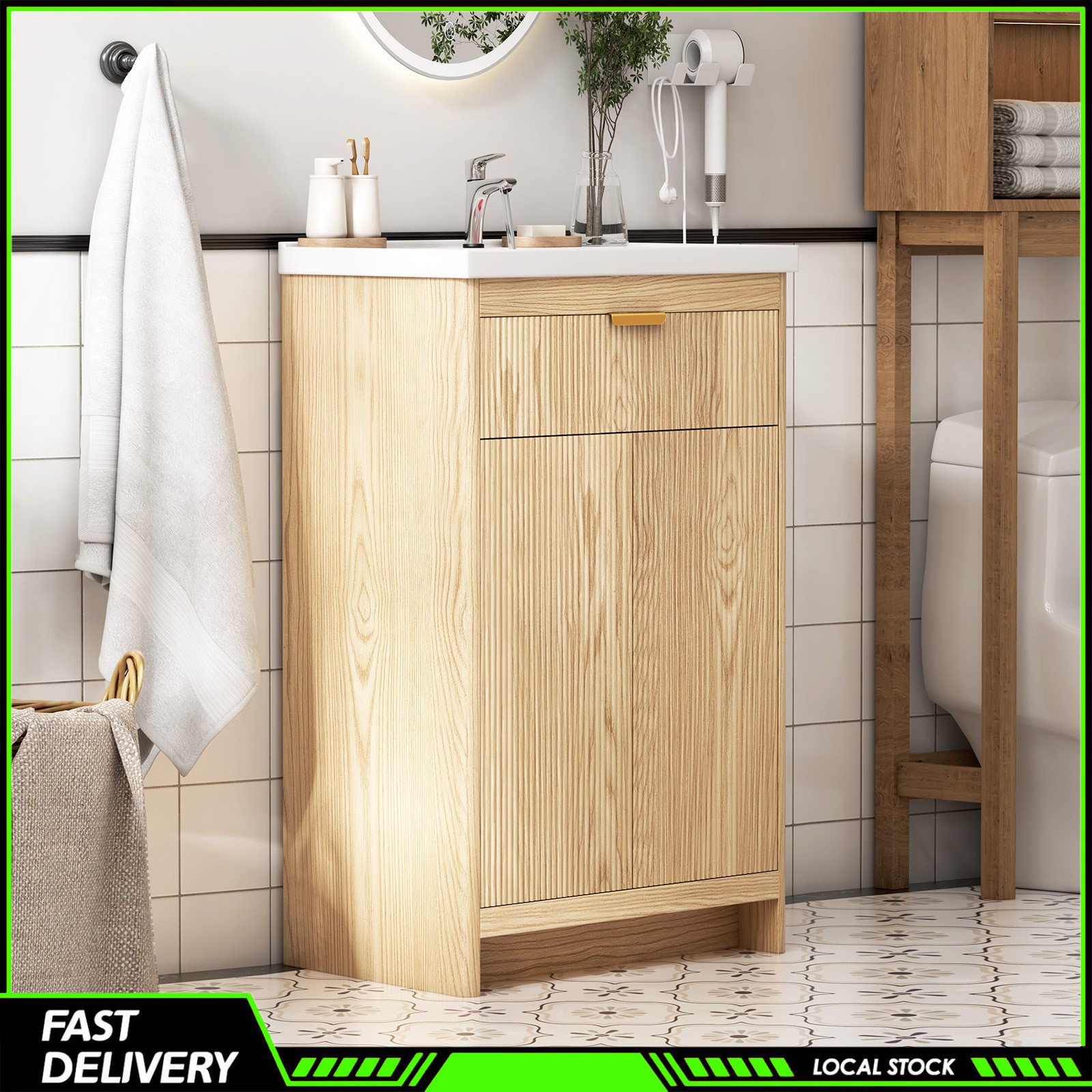 23.6 Inch Bathroom Vanity Wooden Freestanding Cabinet Ceramic Sink for Bathroom