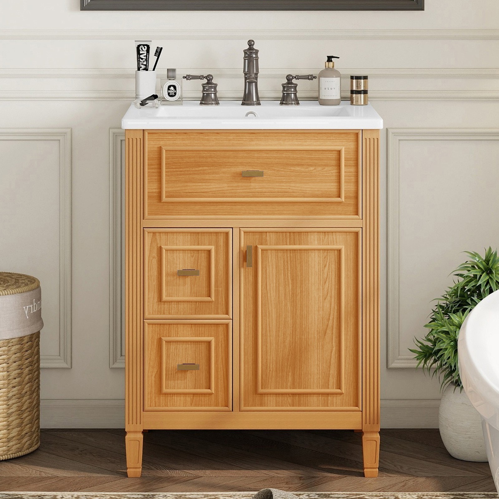 24″ Bathroom Vanity with Sink, Wood Storage Cabinet w/Drawers & Adjustable Shelf