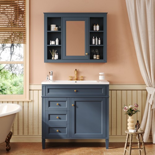 36” Blue Bathroom Vanity w/ Sink & Mirror Cabinet Storage Soft Close Doors