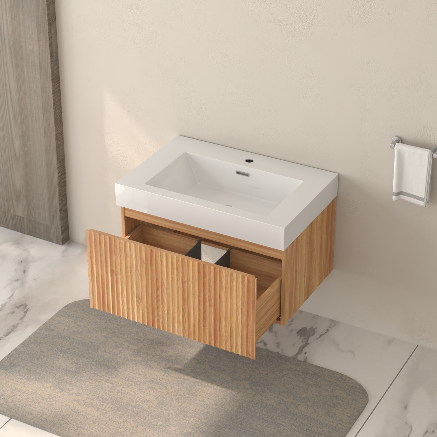 30″ Floating Bathroom Vanity with Integrated Sink, Acacia Plywood Cabinet