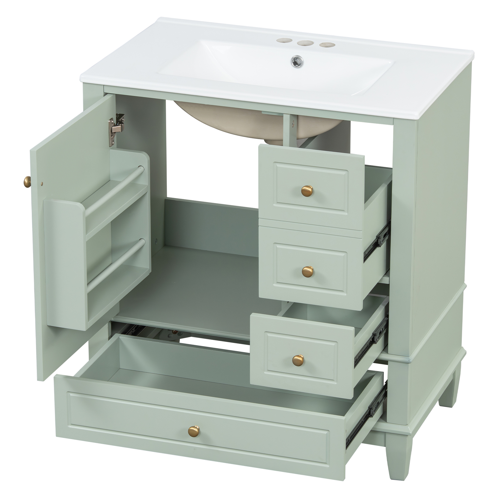 30″ Bathroom Vanity w/Ceramic Sink Freestanding Solid Wood Storage Cabinet Shelf
