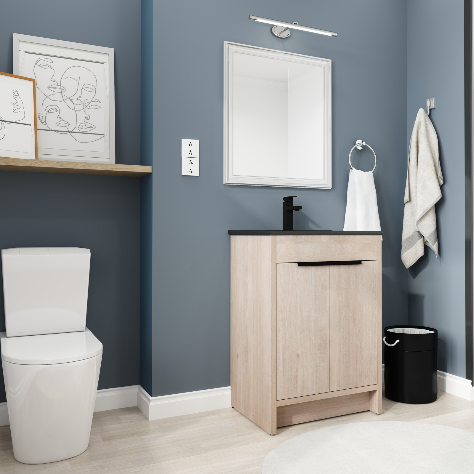 24″Wooden Floor Free Standing Bathroom Vanity Black Sink Cabinet For Small Space