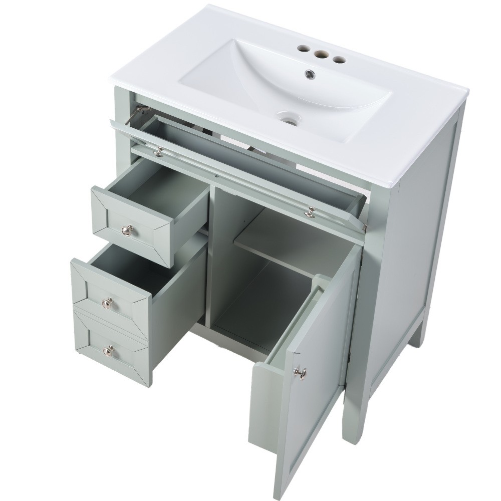 30″ Blue Grey Bathroom Vanity with Ceramic Sink – Soft-Close Drawers
