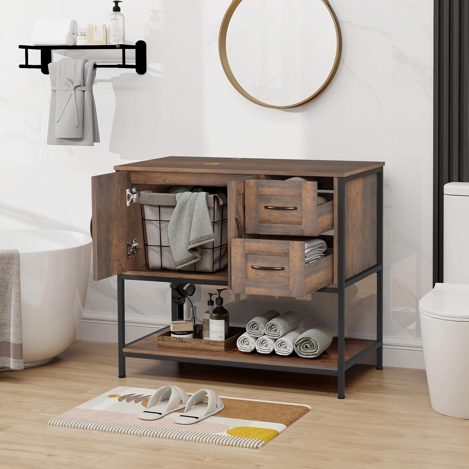 36” Bathroom Vanity Cabinet Basin Sink with 2-Doors Drawers Storage Open Shelf