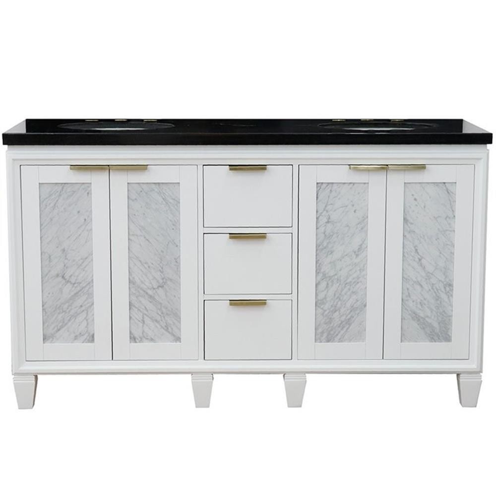 Pemberly Row 61″ Double Oval Sink Solid Wood Vanity in White/Black Galaxy