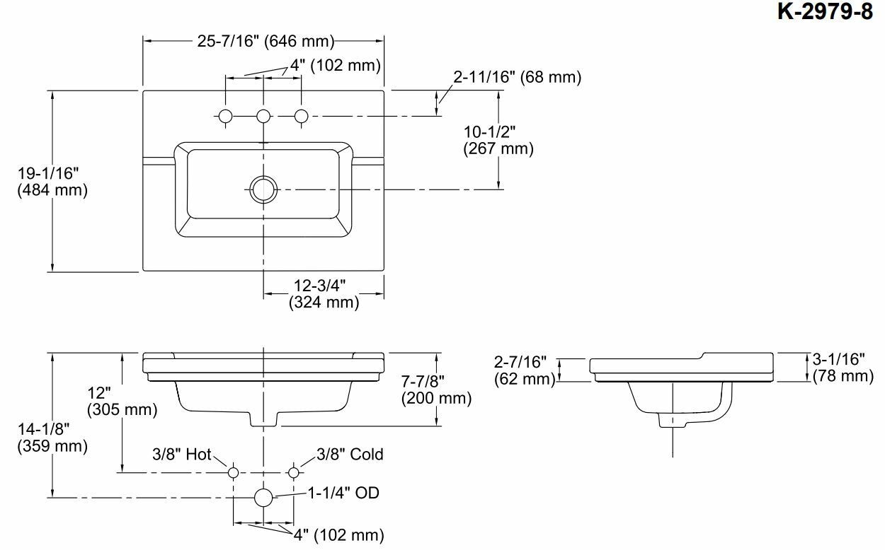 Kohler K-2979-8-0 25-7/16″ Drop In Vitreous China Vanity Top Only w/8″ Centers