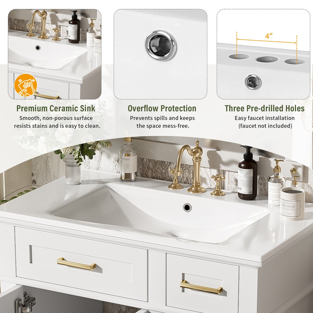 30″ Bathroom Vanity w/Sink, Freestanding Vanity Storage Cabinet, 2 Drawers,Doors