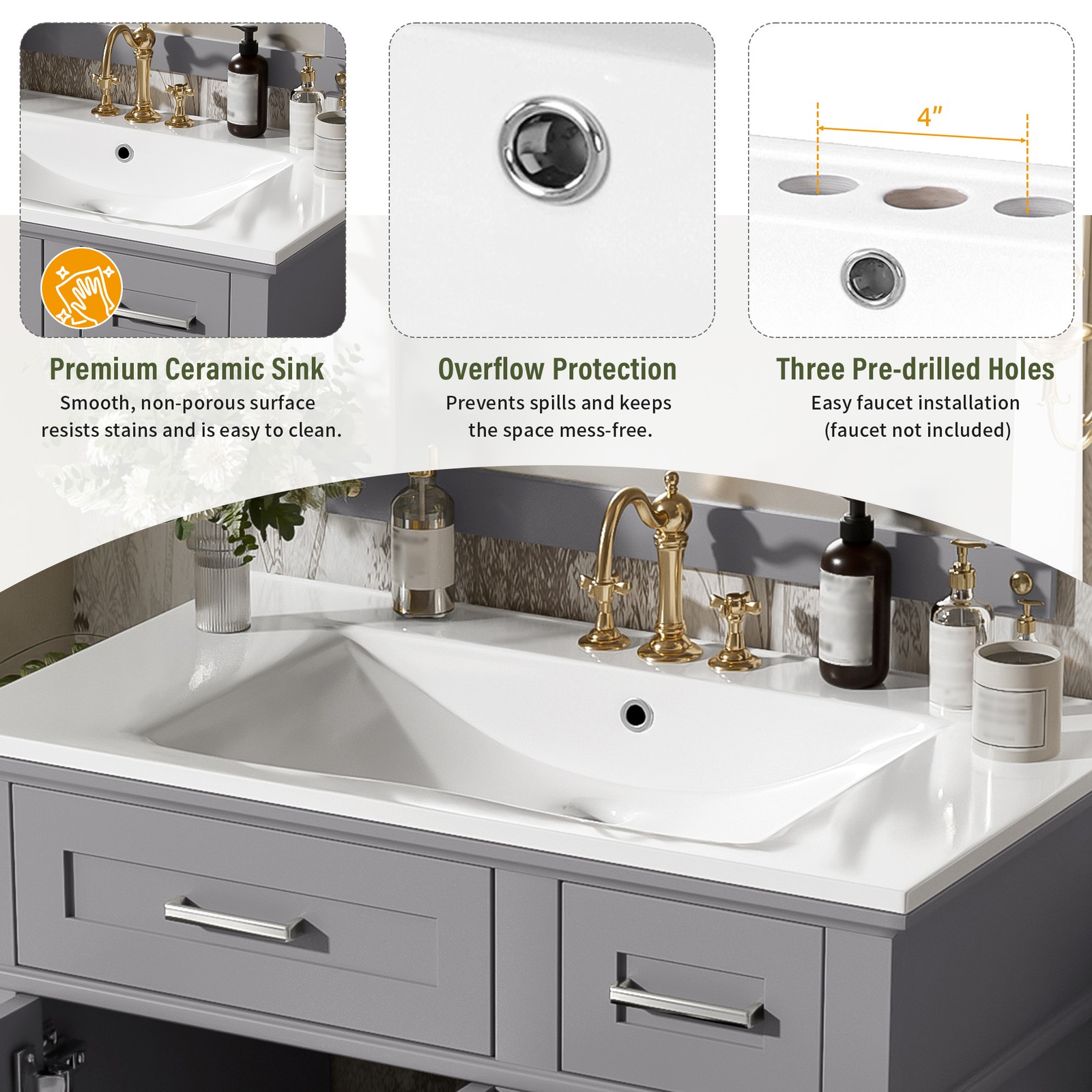 30″ Bathroom Vanity w/Ceramic Sink, Modern Storage Cabinet w/Soft-Close Doors