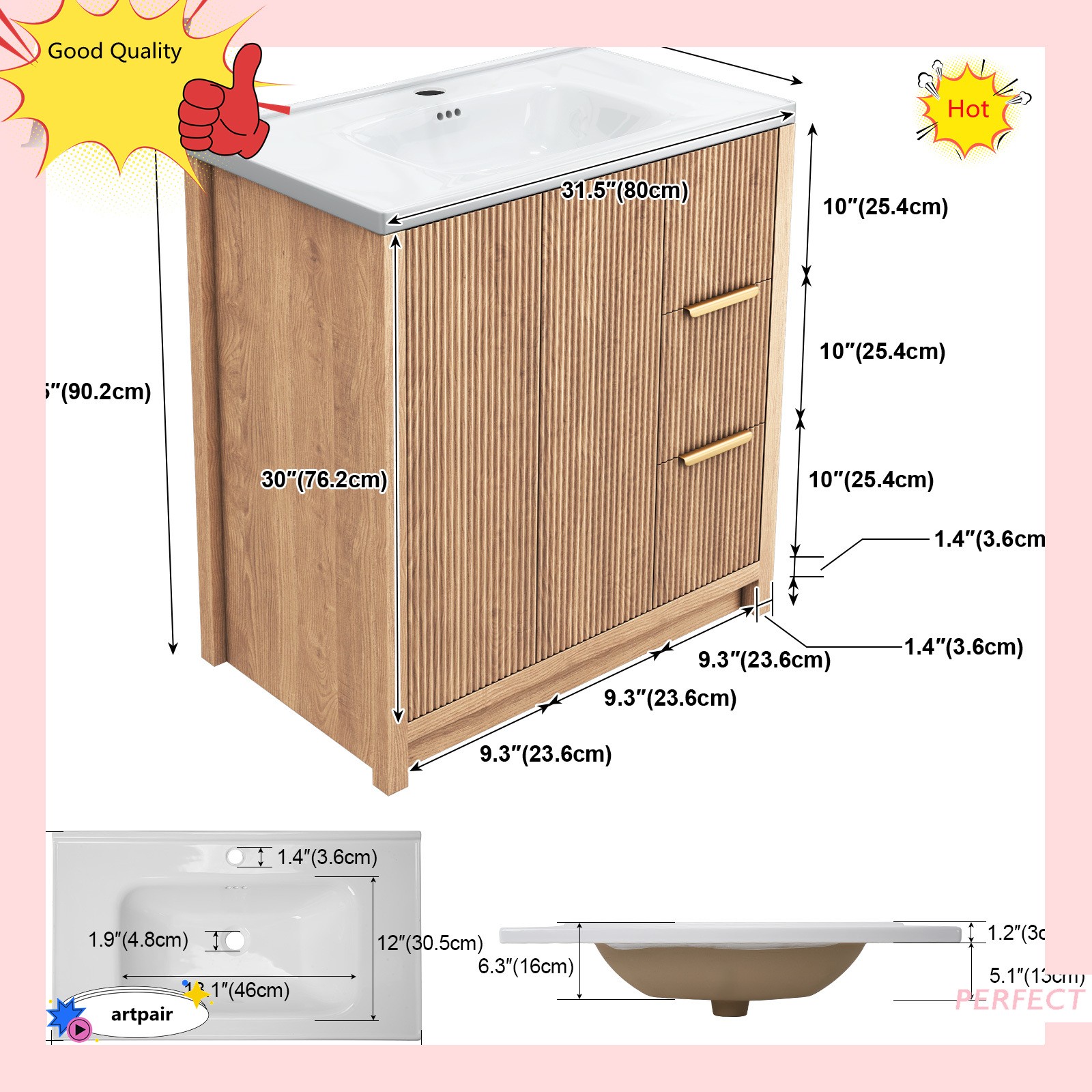 31 Inch Vanity Wood Bathroom Vanity Cabinet W/ Countertop Ceramic Sink USA STOCK