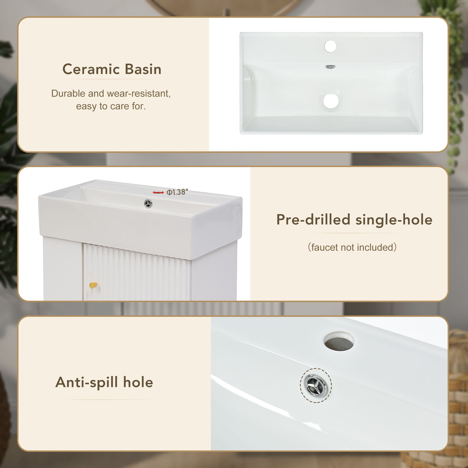 21.6inch Modern Floating Bathroom Vanity with Ceramic Basin Left side storage