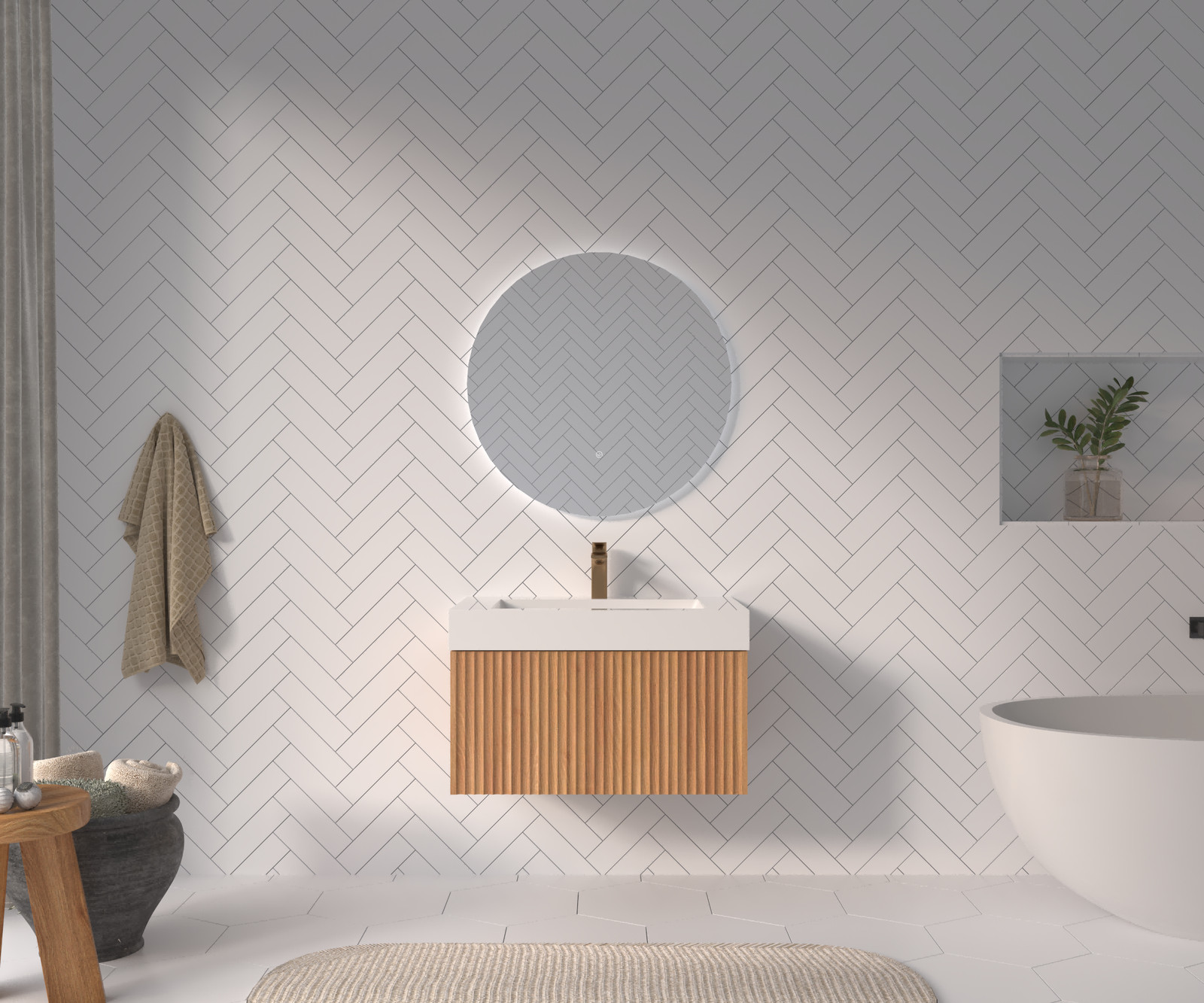 30″ Floating Bathroom Vanity with Integrated Sink, Acacia Plywood Cabinet