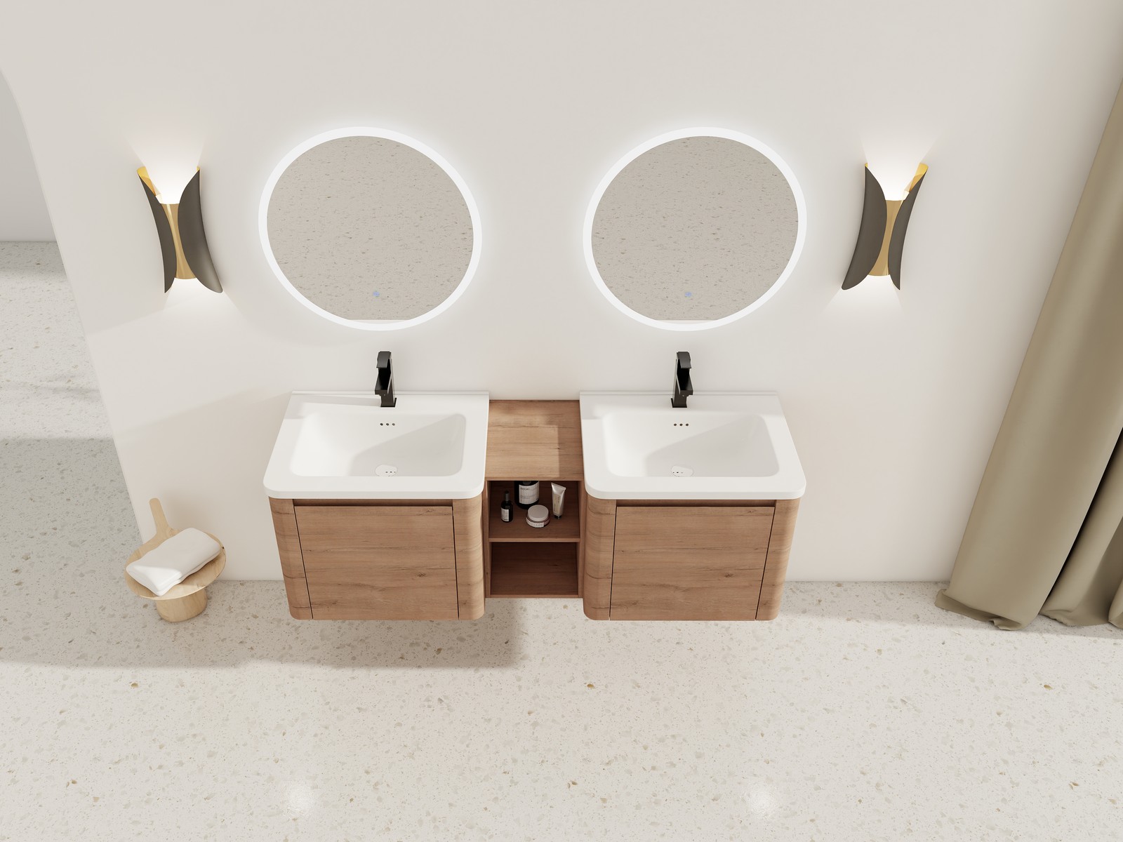 60in Wall-Mounted Bathroom Vanity W/ Double White Ceramic Sink Storage Shelves