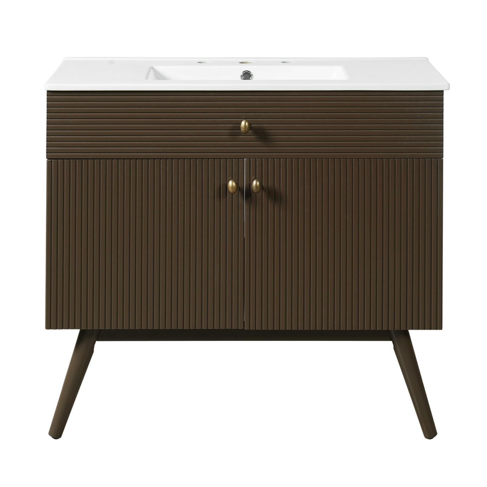 Upscale 36-Inch Striped Bathroom Vanity, Door Storage, MDF, White Ceramic Sink,