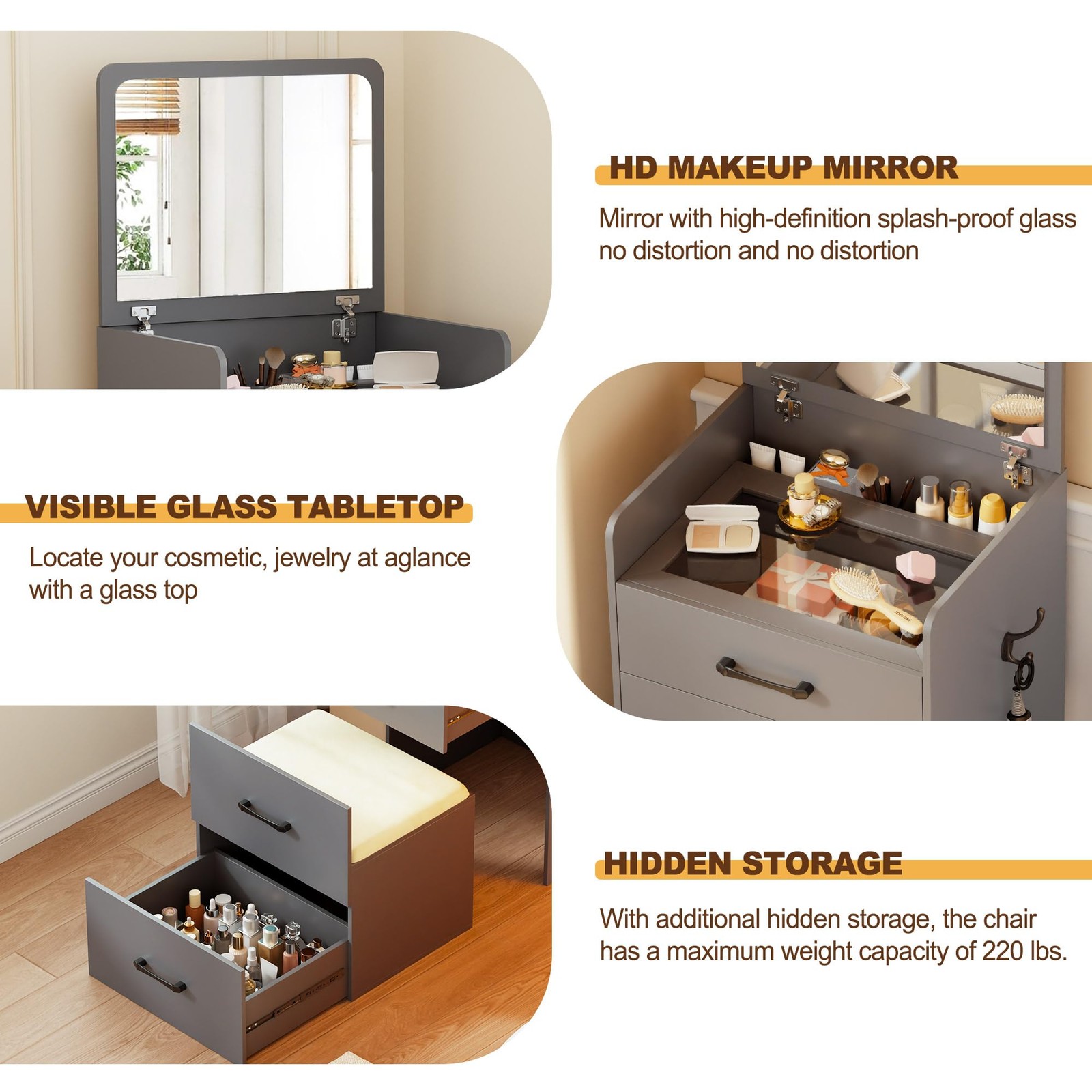 3-in-1 Vanity Desk Set with Mirror and Cushioned Stool Grey Makeup Dressing