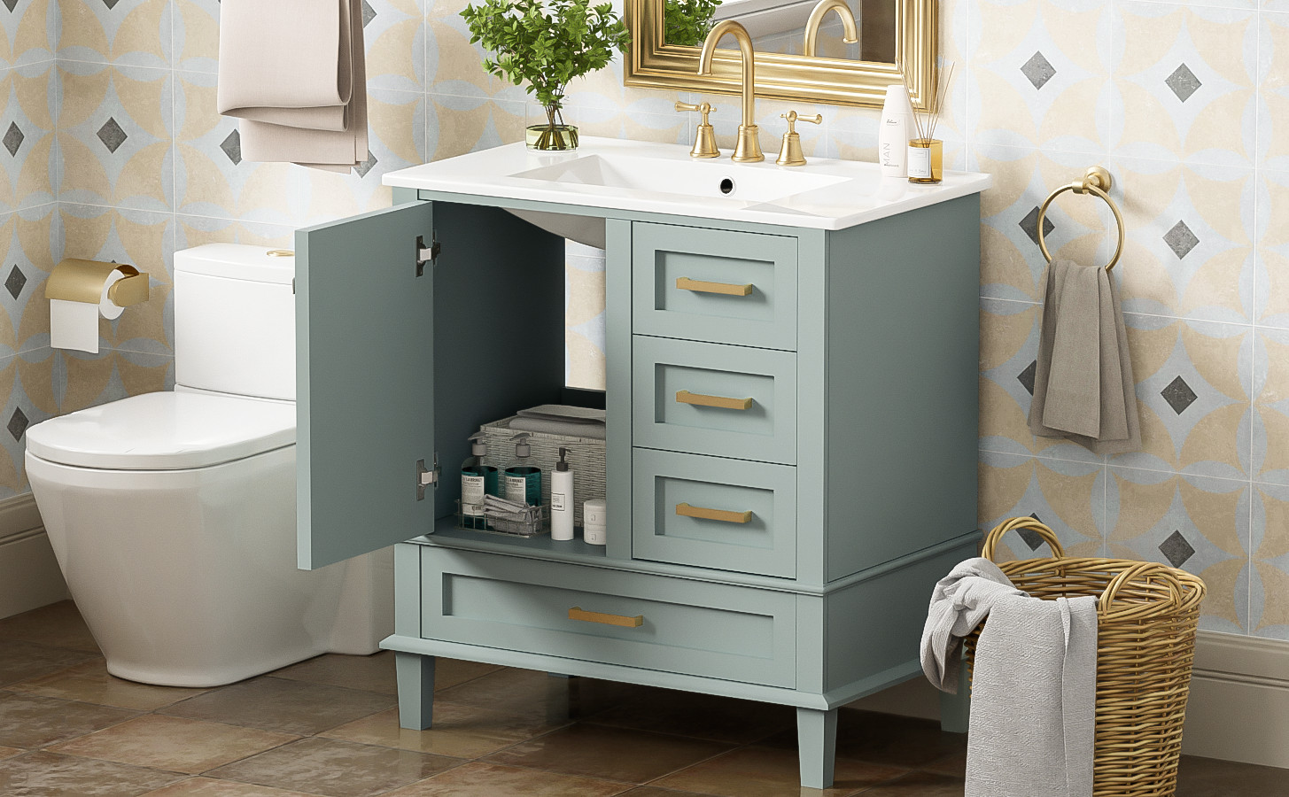 30″ Bathroom Vanity with Sink, Solid Wood Frame, Sage Green