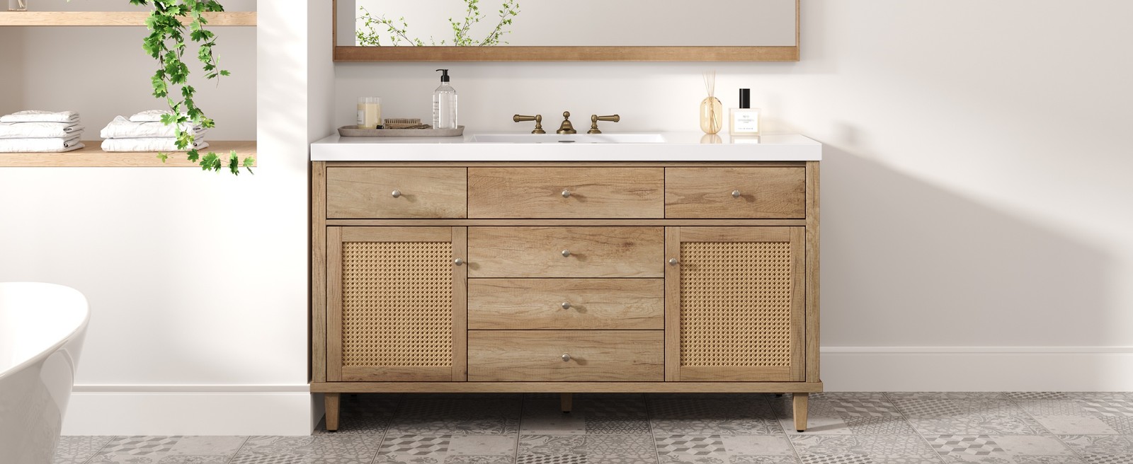 60″ Wooden Bathroom Vanity Cabinet with SMC Sink Storage Drawers Rattan Doors