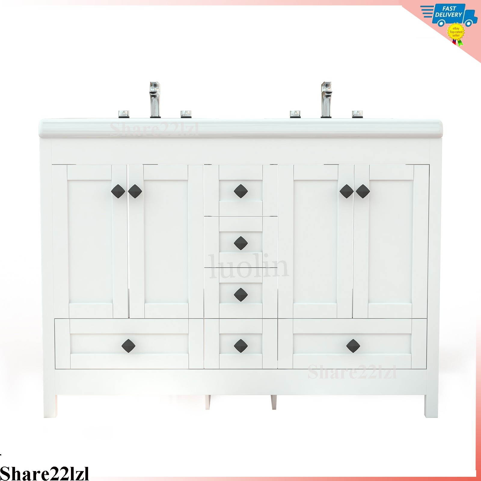 47″ Bathroom Vanity Double Sink Ceramic Freestanding Cabinet 5 Drawers,White