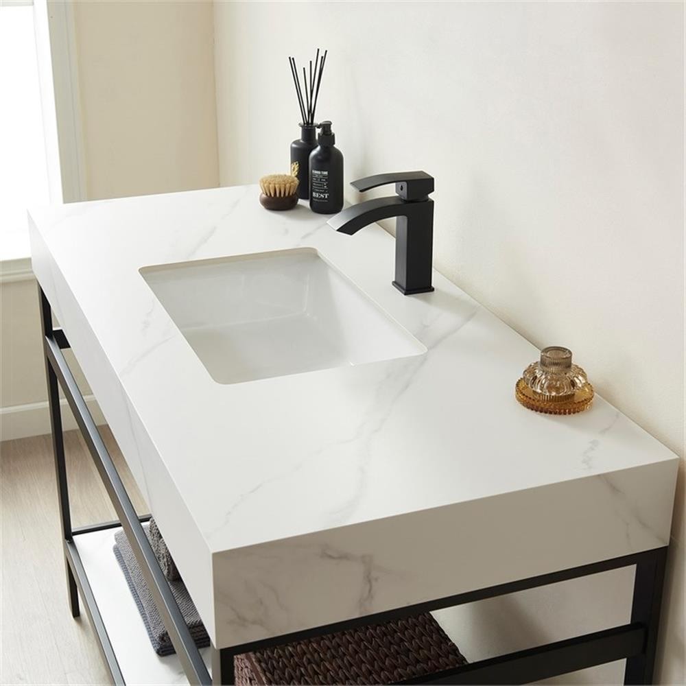 Pemberly Row 48″ Single Sink Bathroom Vanity – Matte Black Frame White Top