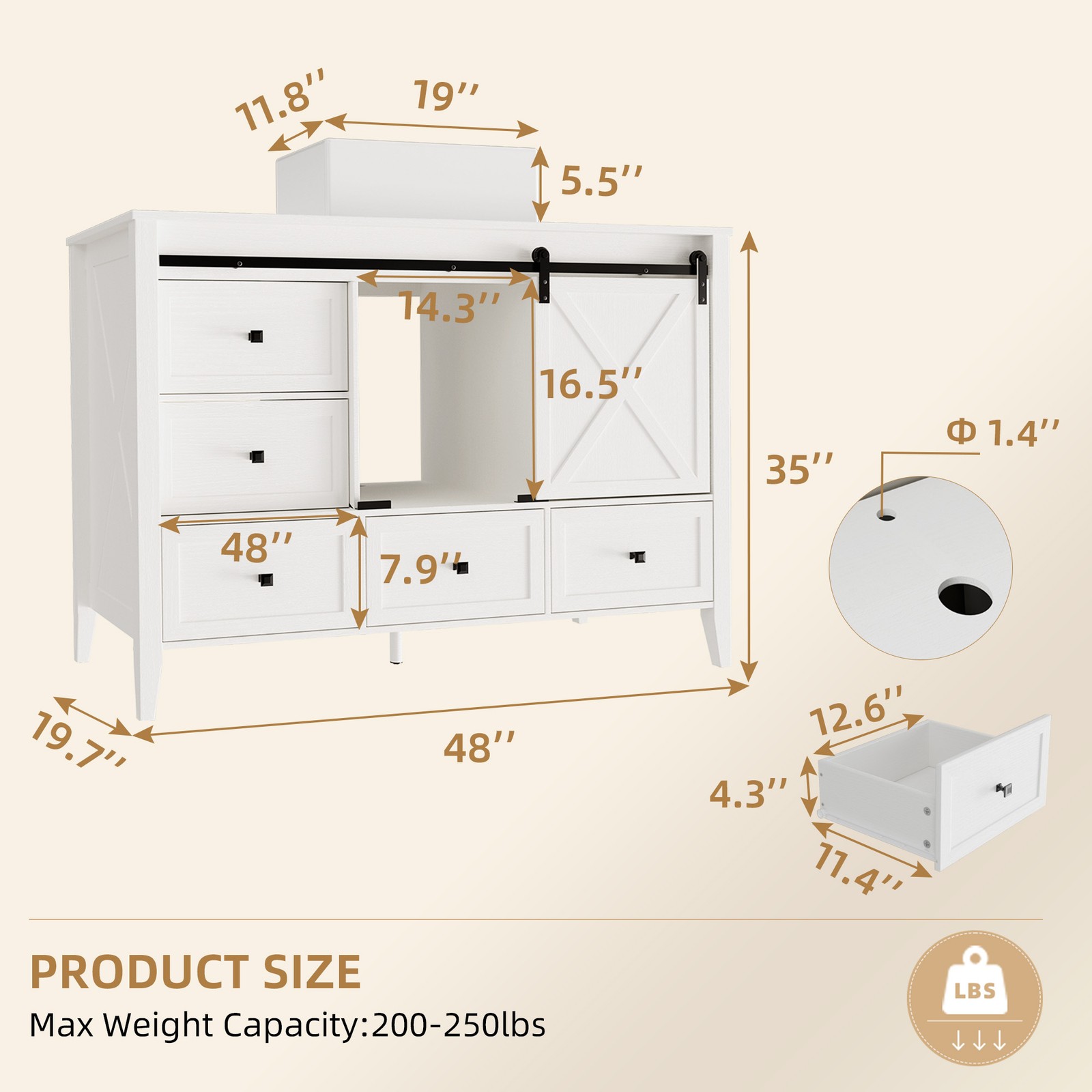 48-inch Bathroom Vanity with Sink Ceramic Freestanding Cabinet Sliding Barn Door