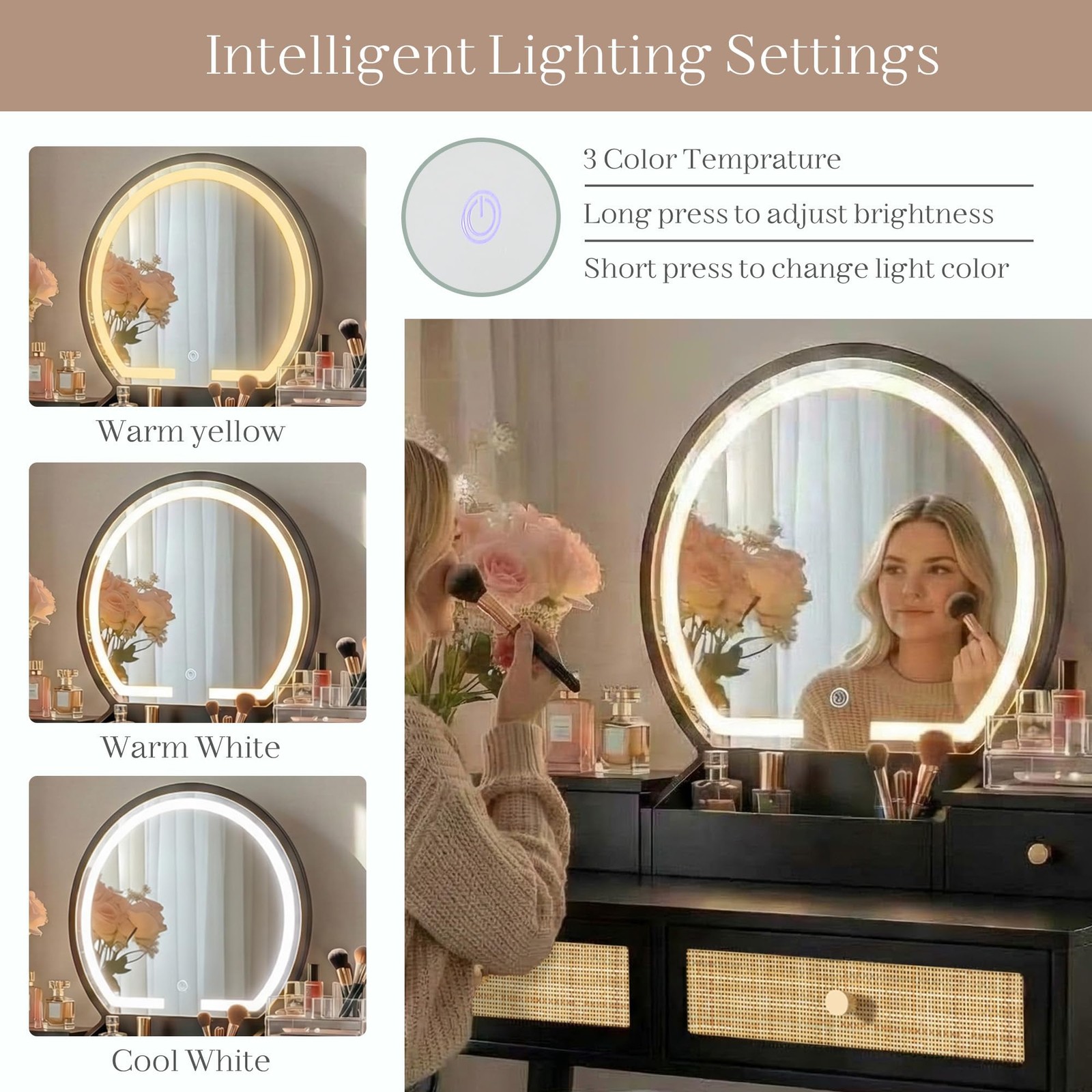Rattan Vanity Desk with Stool 31″ Space Saving Makeup Table with LED