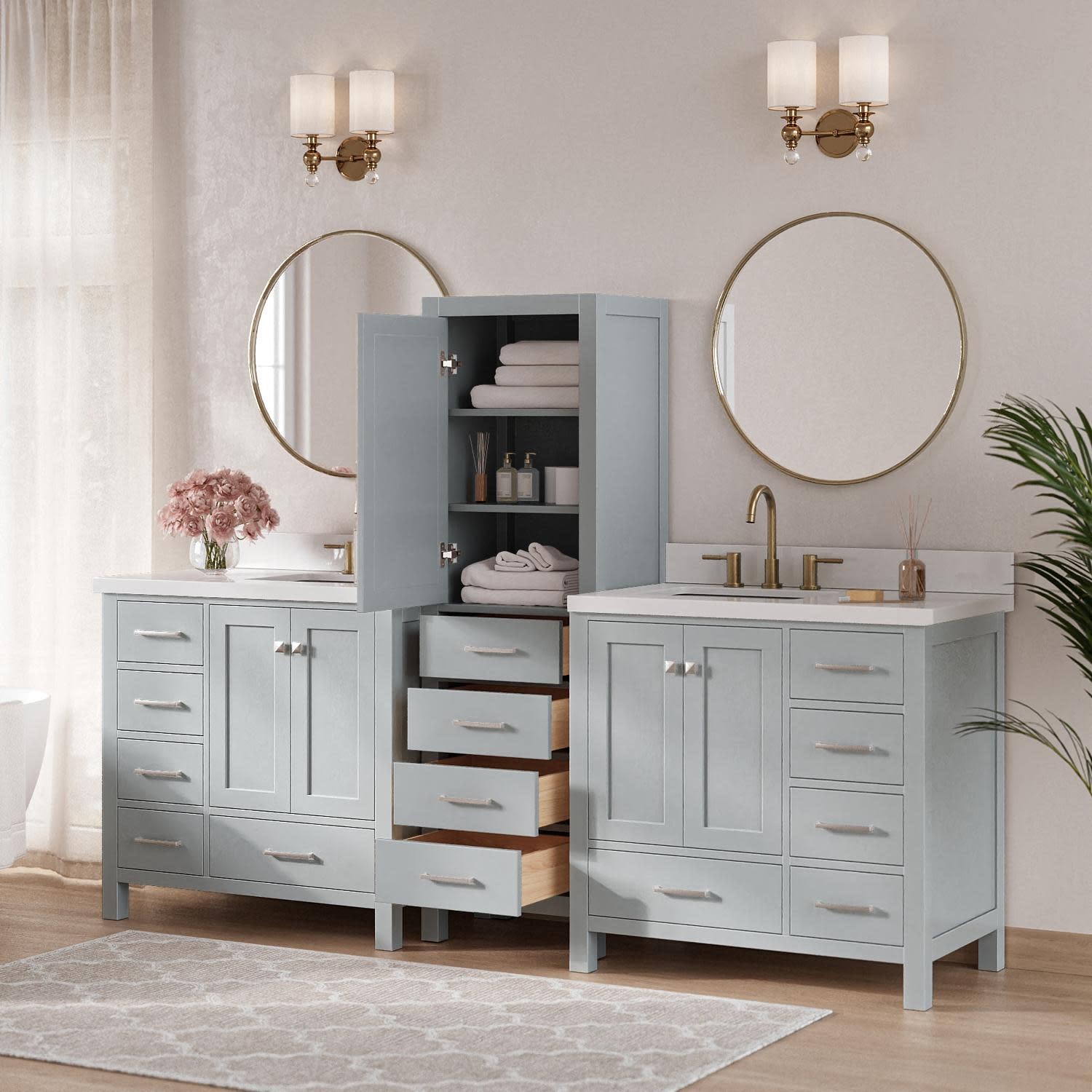 Ariel A92WQRVO Cambridge 92″ – Grey / Pure White Quartz Top / Brushed Nickel
